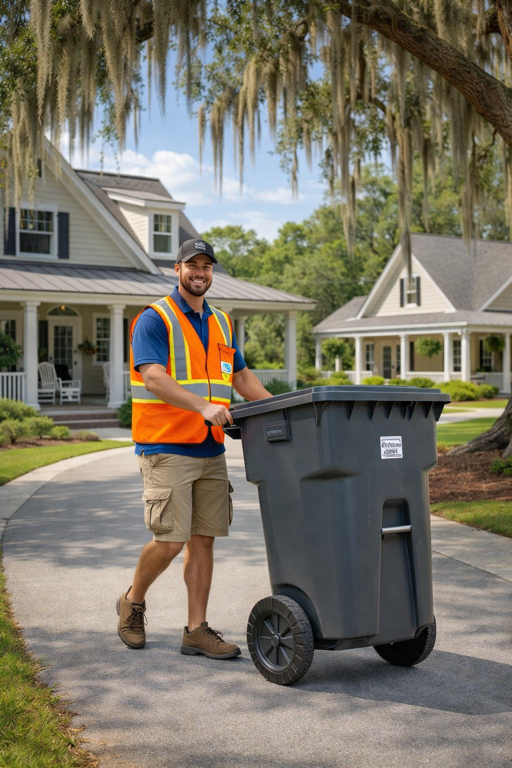 Trash Day Made Easy driver delivering weekly valet trash service to a Charleston home