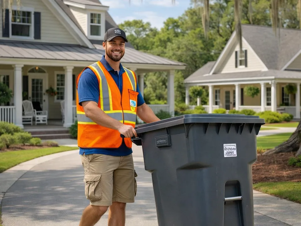Trash Day Made Easy driver delivering weekly valet trash service to a Charleston home